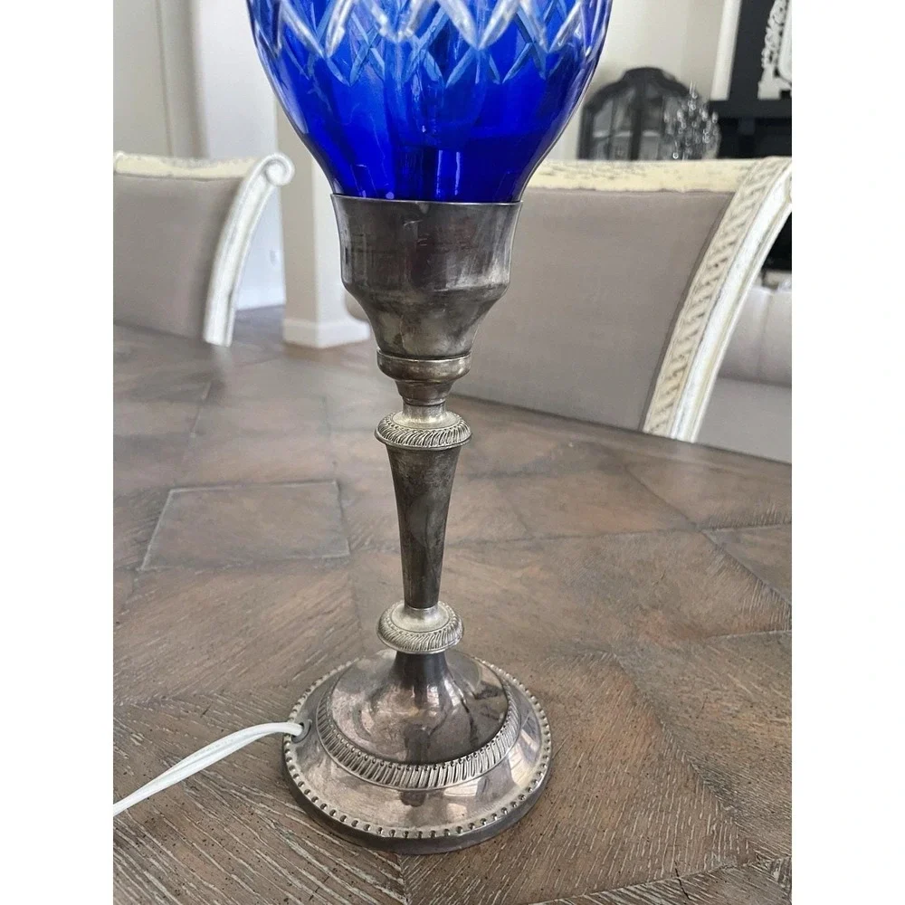 International Silver Company Plated Cobalt Blue Cut Crystal Hurricane Lamp 15